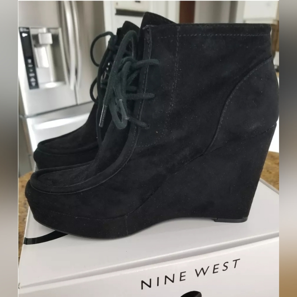 Nine West black suede wedge booties